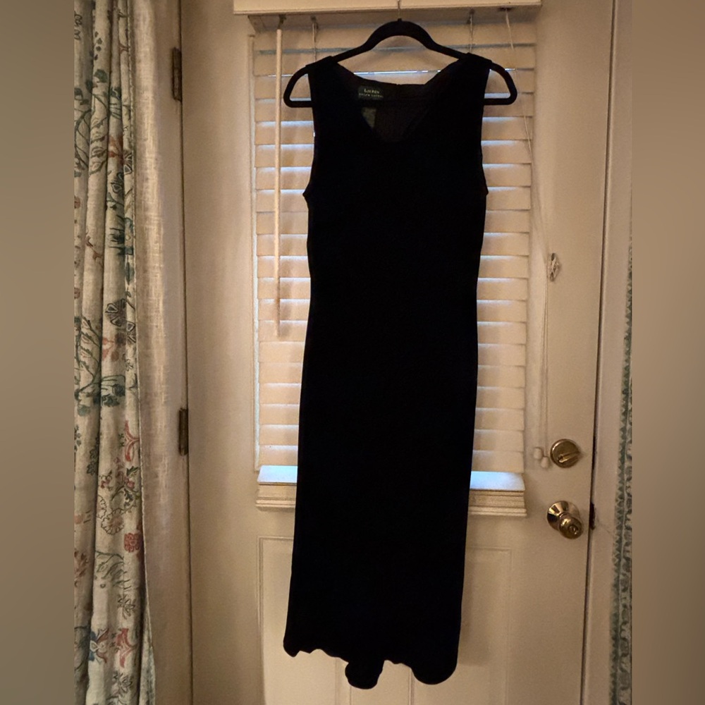 Vintage Lauren by Ralph Lauren Classic Black Velvet Cowl NeckMidi Dress, size 14